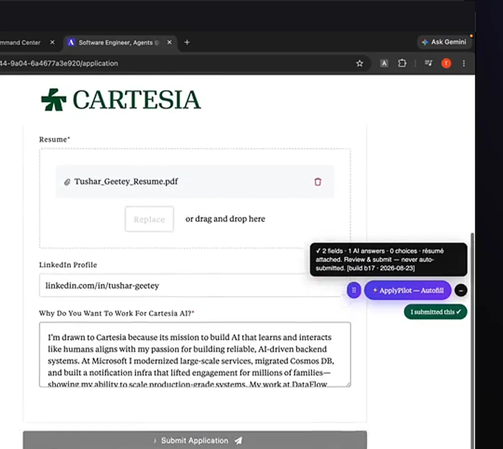 ApplyPilot on a real Ashby application: résumé attached, a tailored answer drafted, and a note that it will never auto-submit.