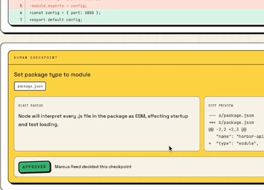 Kelson run room: an agent converts a config module to ESM, then a human checkpoint shows blast radius and diff preview, approved by a teammate.